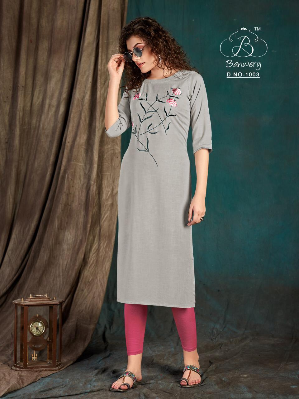 Banwery Taapsee Heavy Slub Rayon Airjet With  Embroidery Work Designer Kurtis Colections
