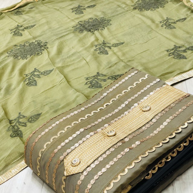 New Design Festive Wear Modal Fabric Dress Material With Four Sided Golden Lace Bordered Dupatta  