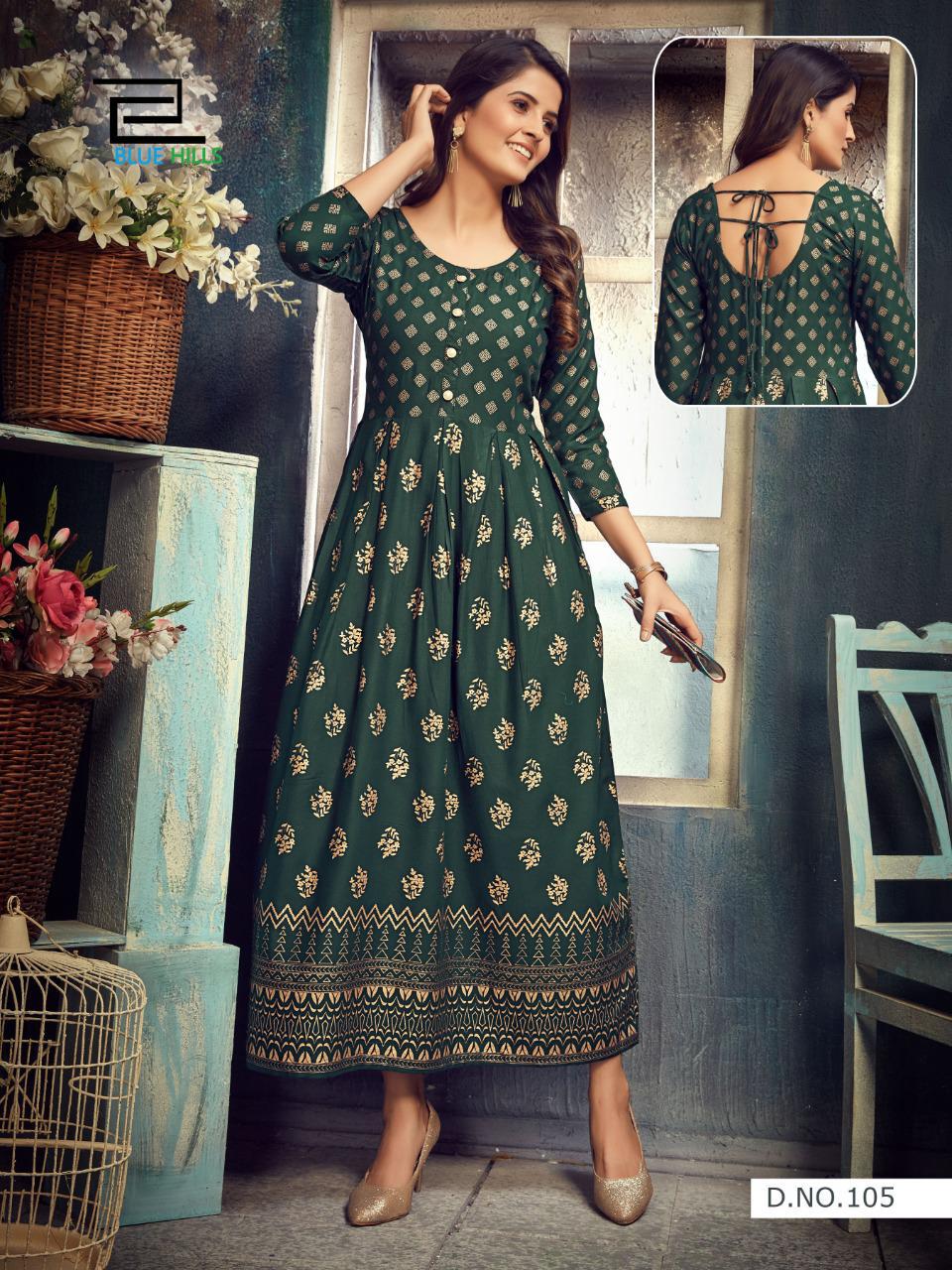 Blue Hills Show Off Fancy Latest Designers Festive Wear Long Rayon Printed Kurti Collection
