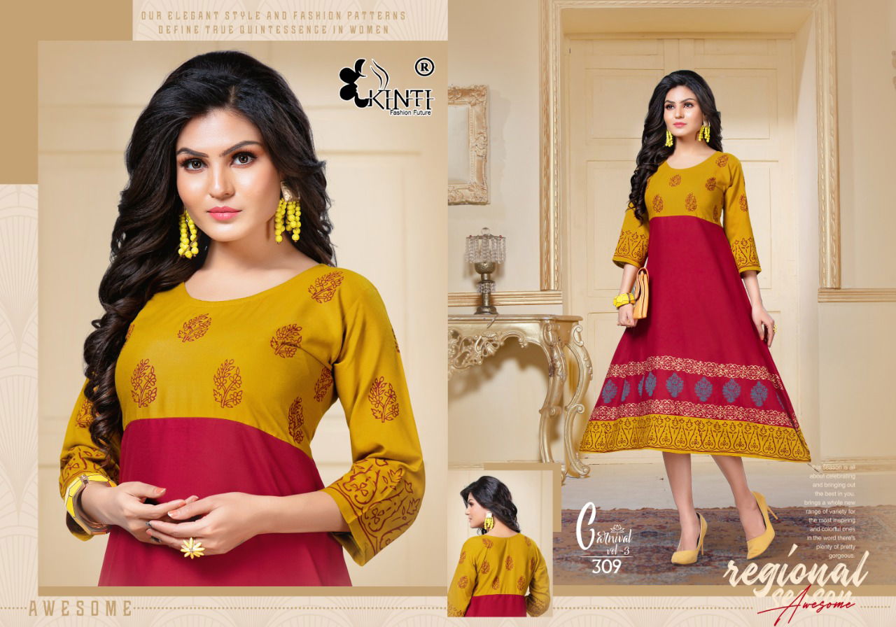 Kinti Carnival Anarkali Casual Wear Designer Printed Rayon Kurtis Collection
