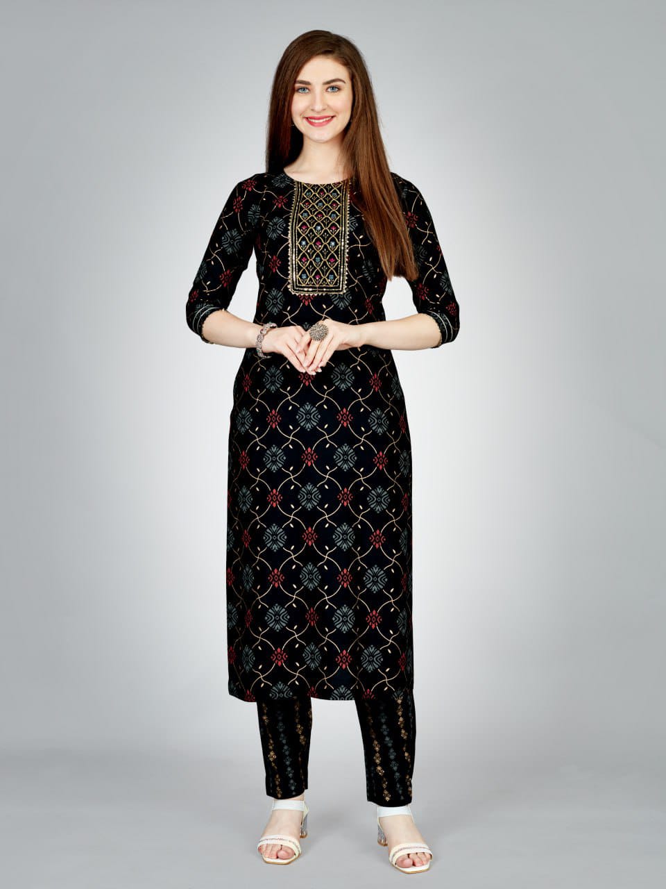 Radhika 1 Heavy Rayon Foil Printed Embroidery Kurti With Bottom Wholesale Shop In Surat
