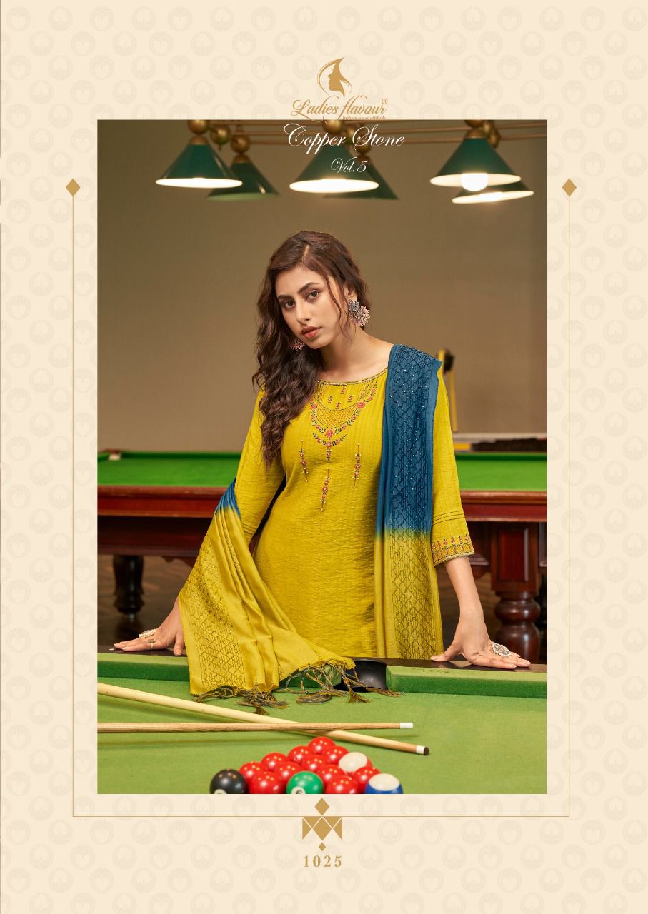 Ladies Flavour Copper Stone 5 Exclusive Designer Viscose With Embroidery With Khatli Work Readymade Collection
