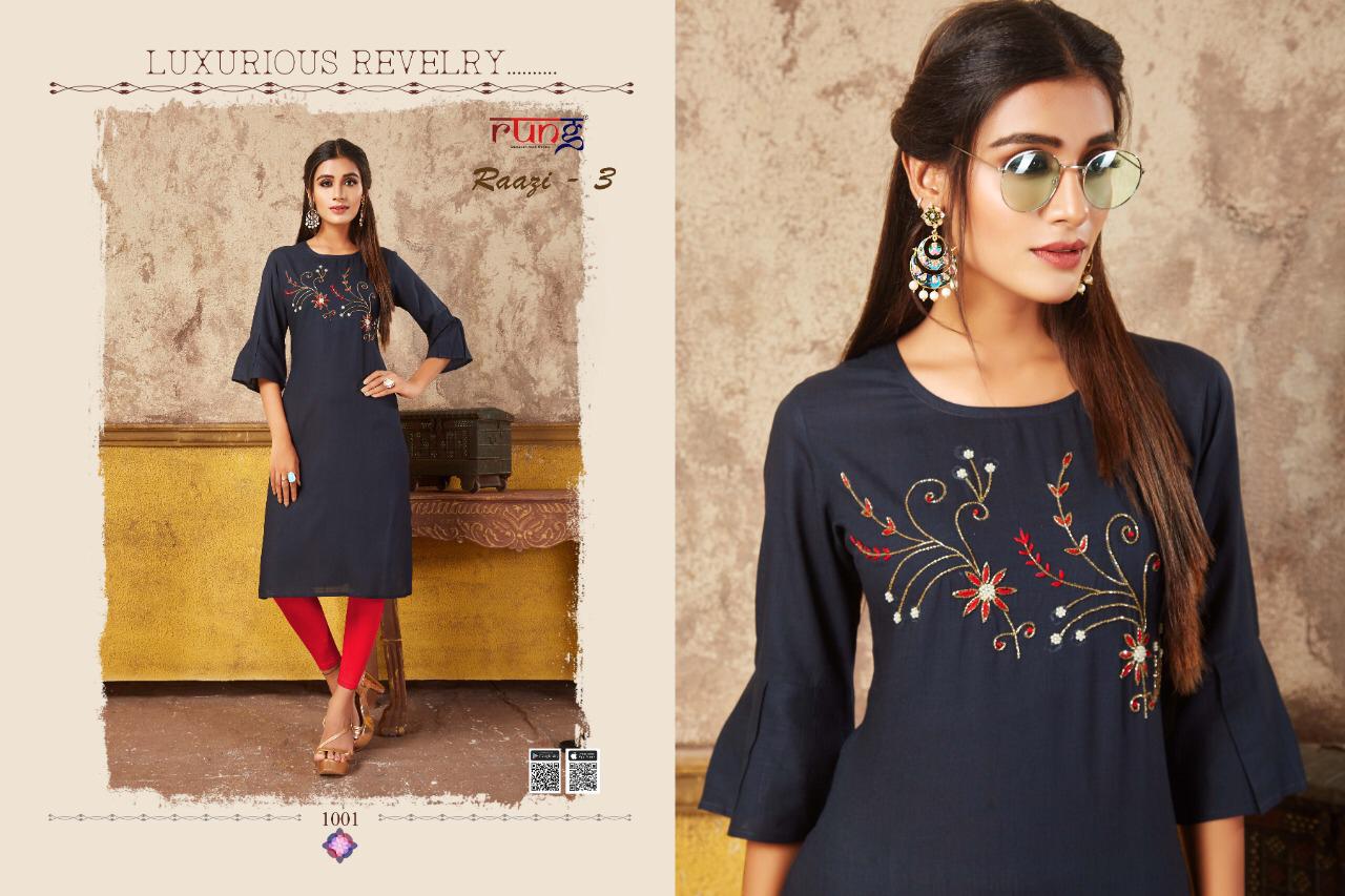 Rung Razzi 3 Latest Designer Party Wear Festive Wear Straight Line Embroidery Work Kurtis Collection  