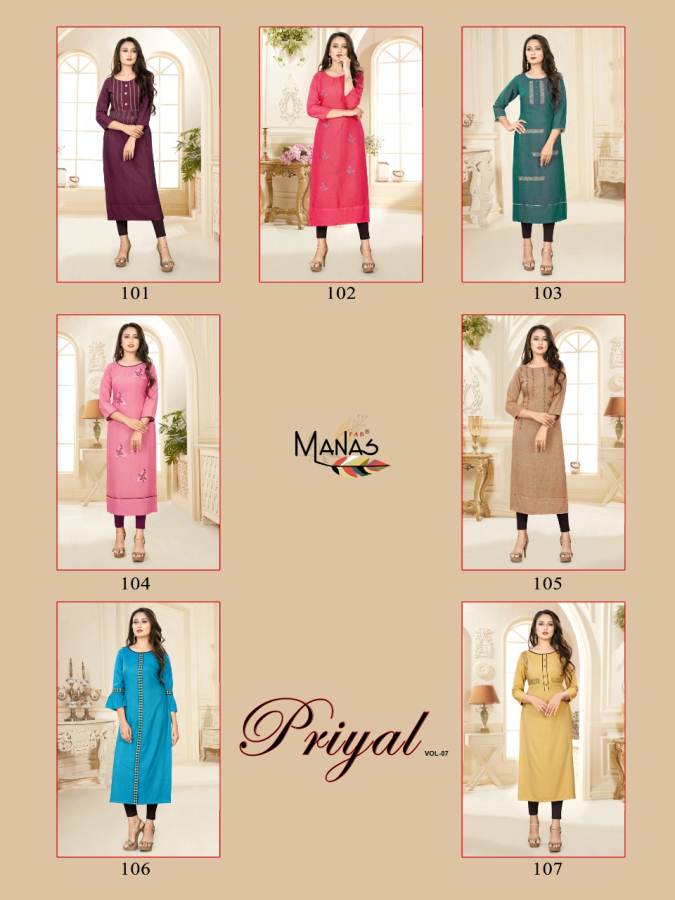 Manas Priyal Vol 7 Latest Designer Casual Wear Kurtis Collection With Embroidery Work 