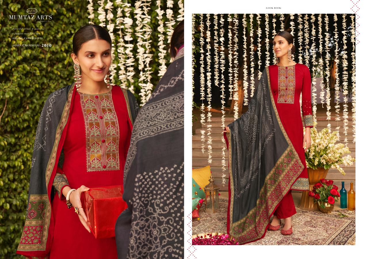 Mumtaz Jash E Bandhani Latest Designer Fancy Wedding Wear Pure Jam Satin Digital Print Heavy Neck Embroidery Work Dress Material Collection
