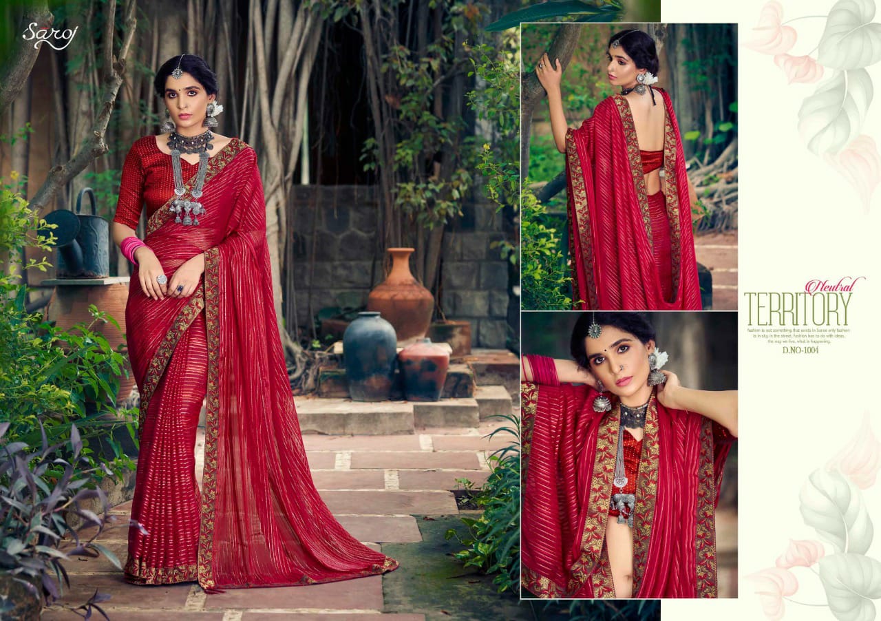 Saroj Sanwaree Weightless Georgette Satin Designer Party Wear Saree Collection
