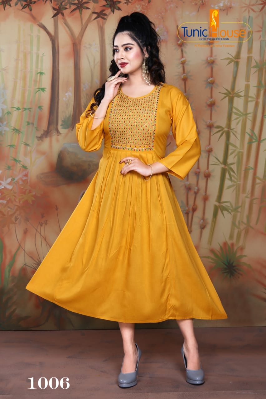 Tunic House Nek Nx Designer Ethnic Wear Embroidery Rayon Kurtis Collection
