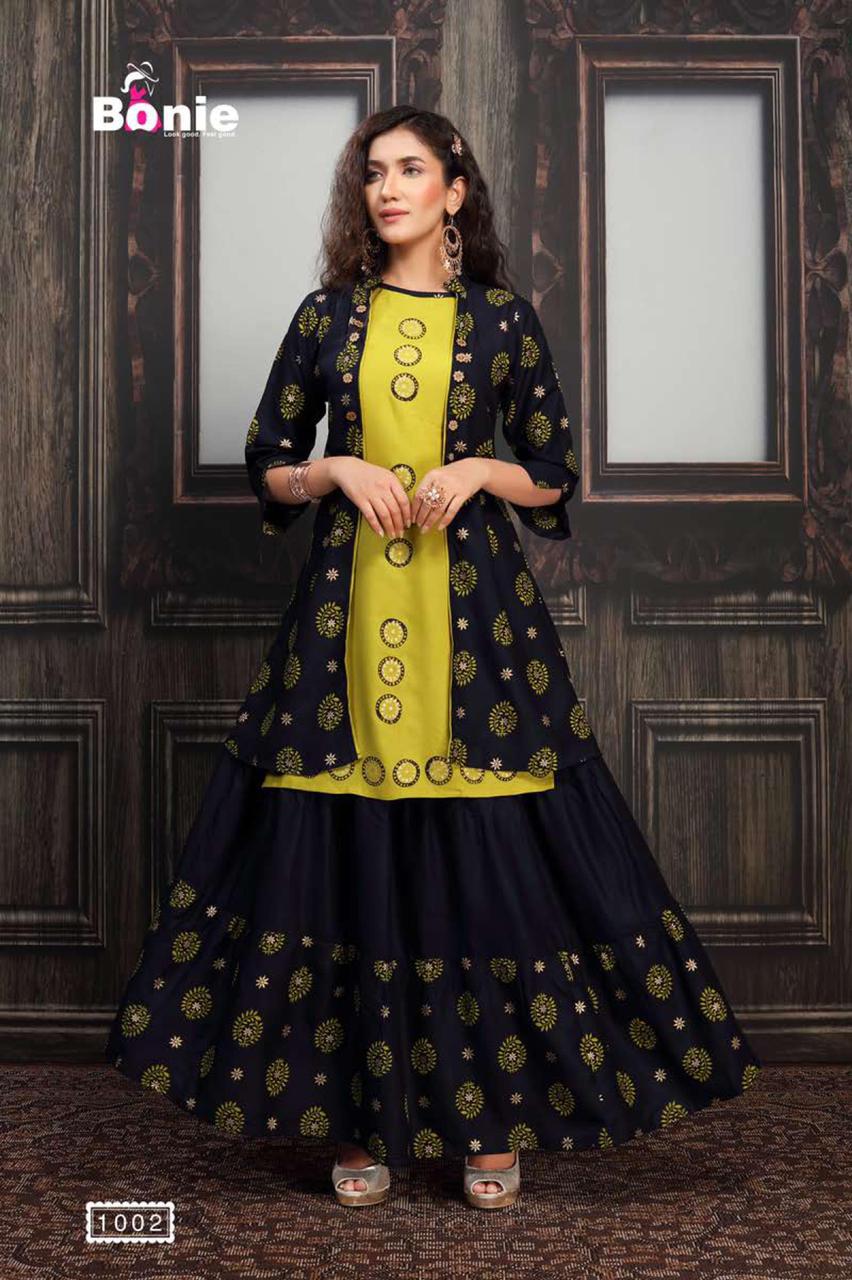 Bonie Jacket House Fancy Party Wear Jacket With Skirt rayon Printed Kurtis Collection
