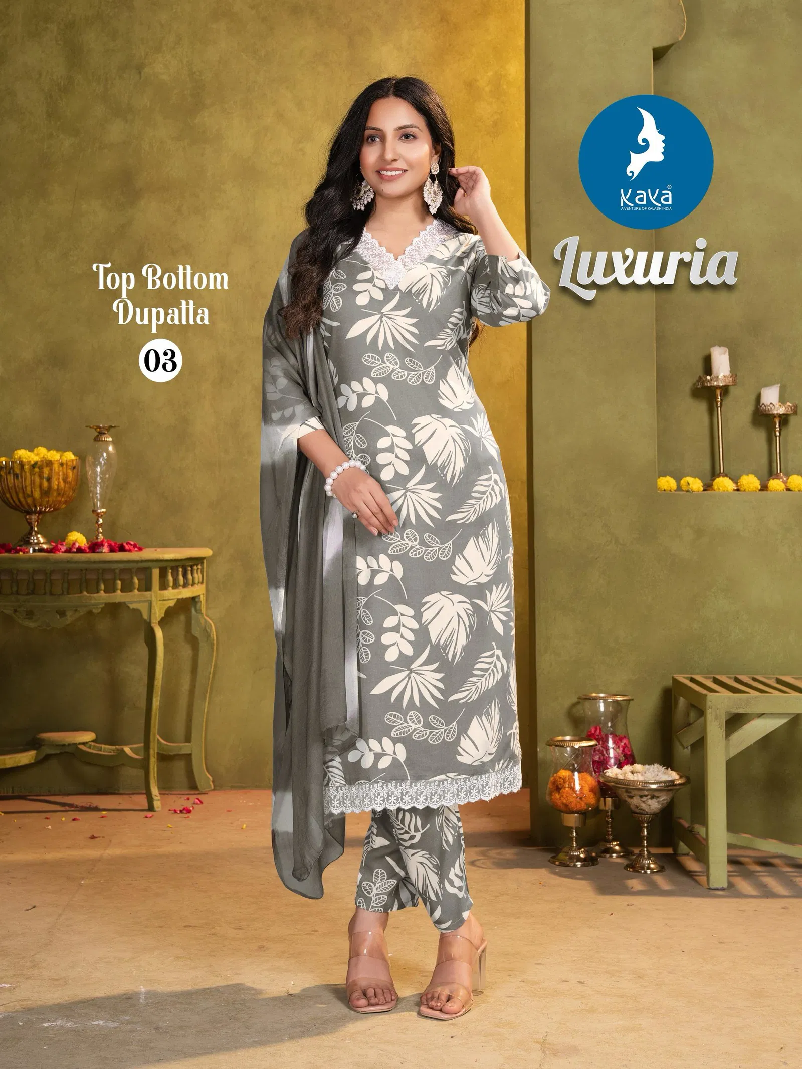 Luxuria By Kaya Rayon Printed Kurti With Bottom Dupatta Wholesale Price