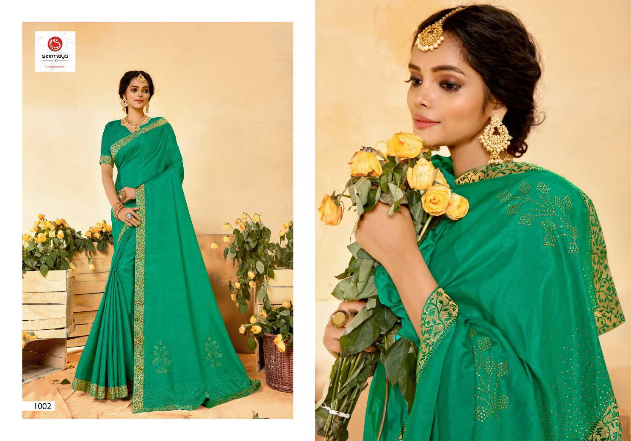 SEEMAYA SIYA Latest fancy Designer party Wear Dola Silk With fancy Border With Swarovski Diamond Work Saree Collection