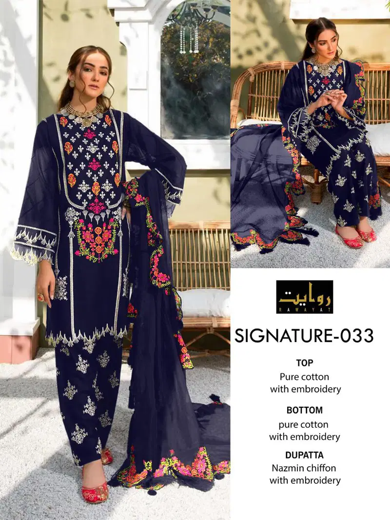 Rawayat Signature 033 Fancy Designer Casual Wear Pure Cotton With Embroidery Work Pakistani Salwar Suits
