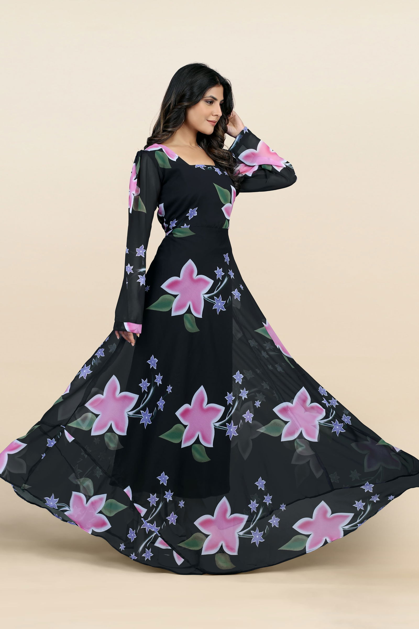 Black Flowers Printed Anarkali Gown Catalog