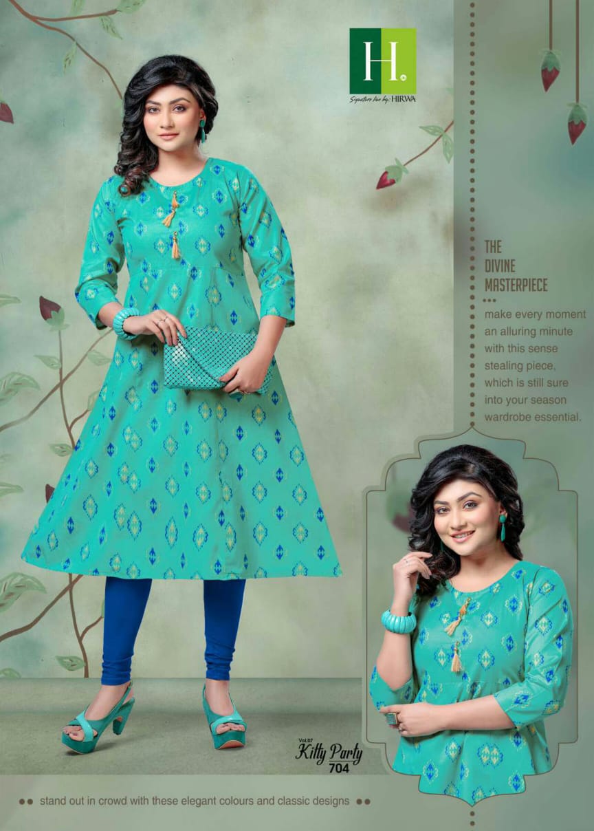 Hirwa Kitty Party 7.3 Latest Fancy Designer Casual Wear Ikkat Print Pure Cambric Cotton Flair Kurti Collection
