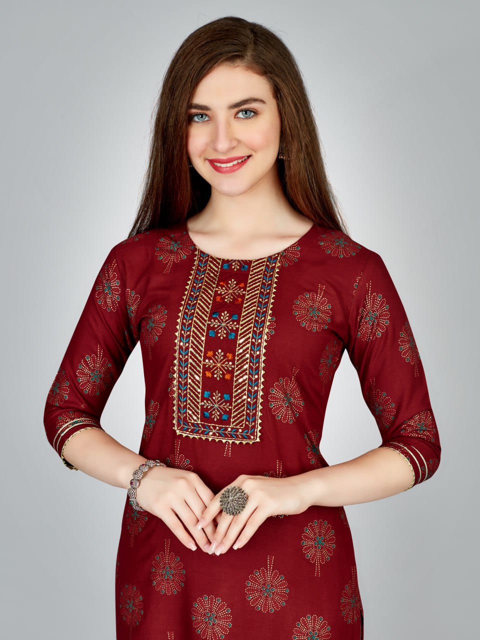 Radhika 1 Heavy Rayon Foil Printed Embroidery Kurti With Bottom Wholesale Shop In Surat
