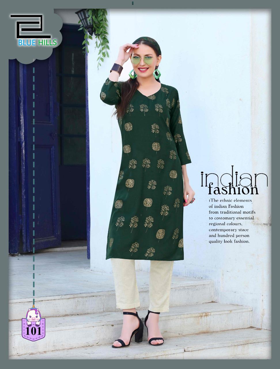 Blue Hills Divine fancy Ethnic Wear rayon With Gold Print Kurti With Bottom Designer Kurtis Collection