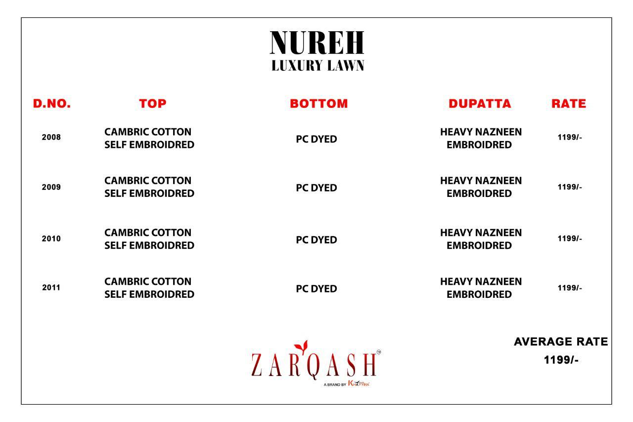 Zarqash Nureh Cambric Latest Fancy Designer Festive Wear Cotton Pakistani Salwar Kameez Collection