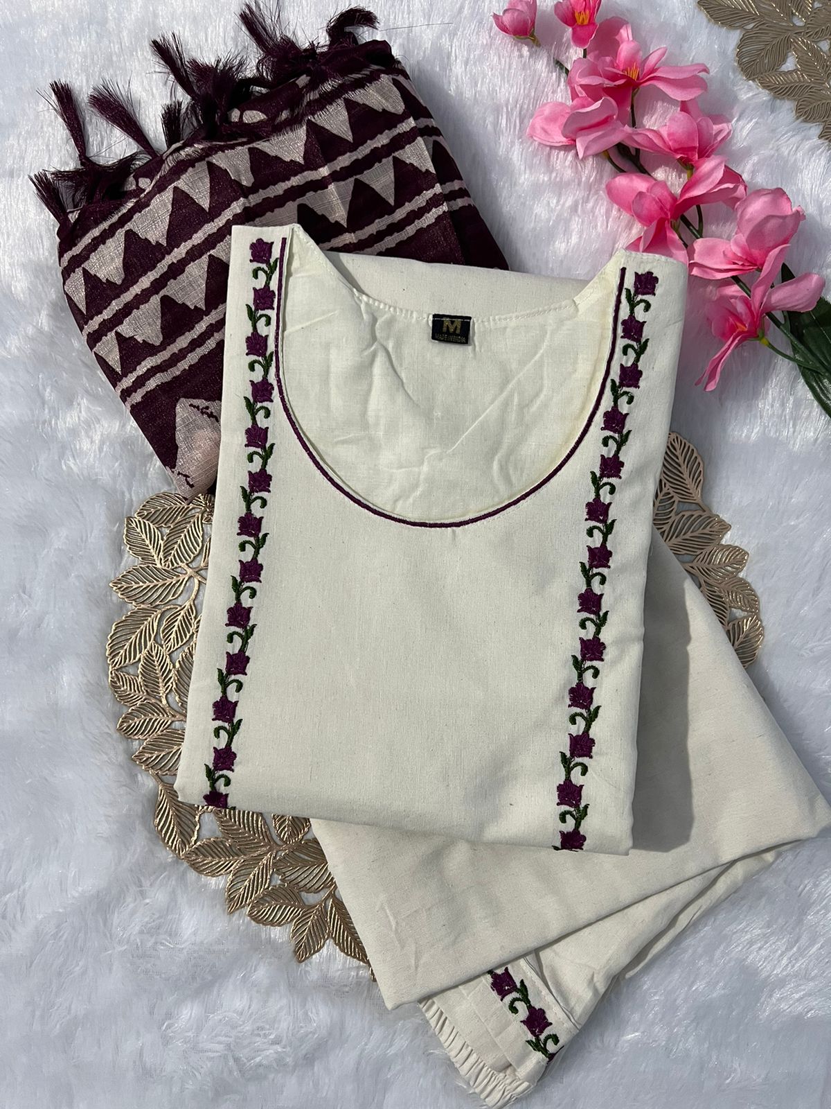 VT Designer Embroidery Khadi Cotton Kurti With Bottom Dupatta Exporters In India