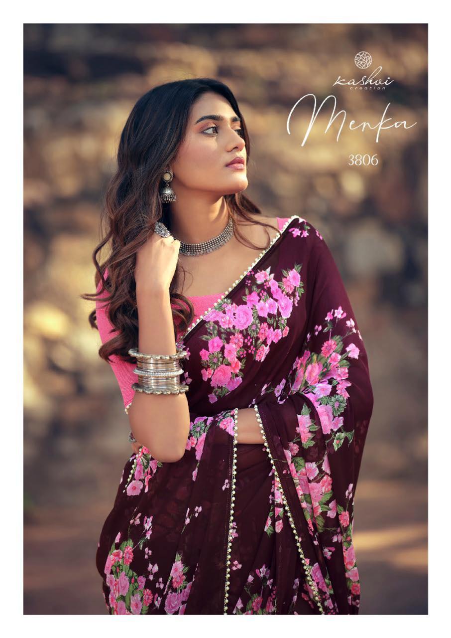 Kashvi Menka Latest Fancy Designer Festive Wear Silk Weightless Floral Chiffon Saree Collection
