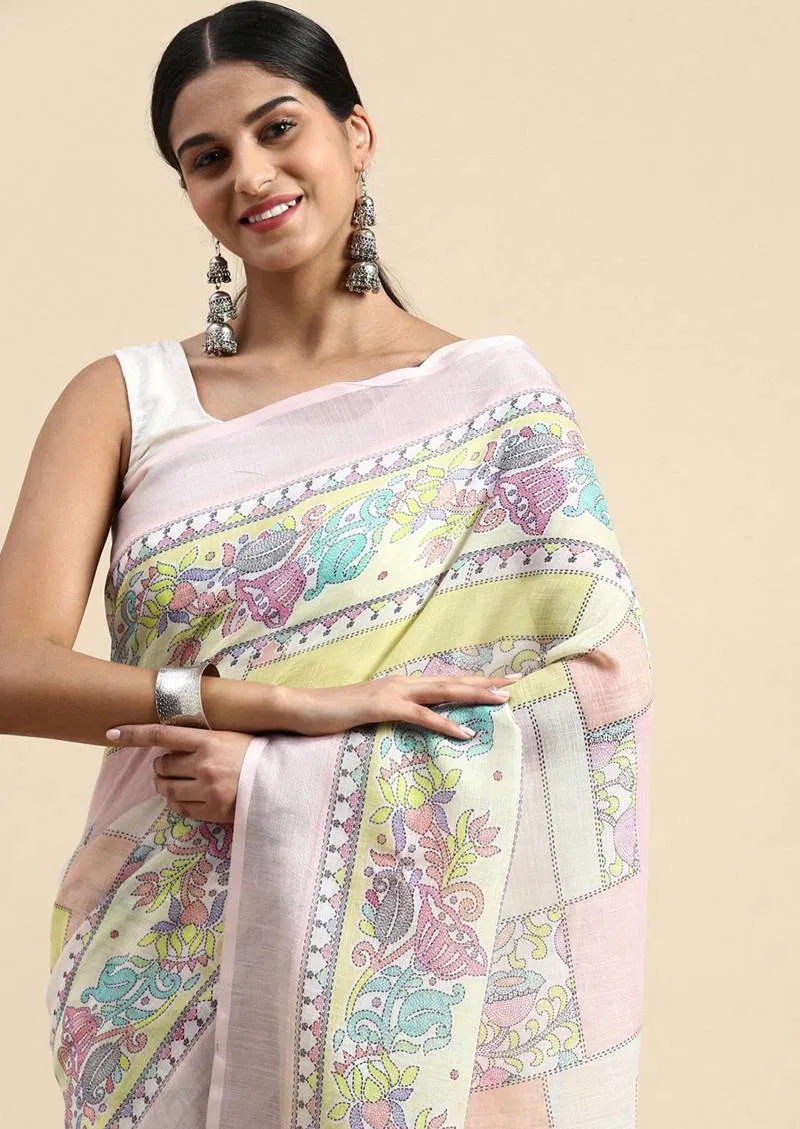 Linen Kantha Saree 1 Lilen Zari Patta Digital Kantha Stitch Printed Saree Bulk Orders In India