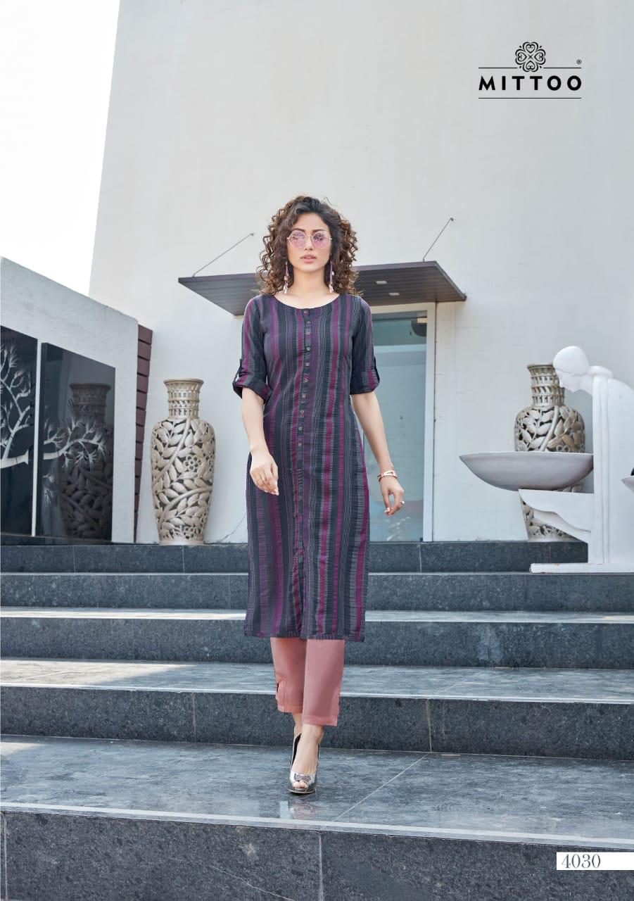 Mitto Mohini Weaving Strips Designer Party wear Kurtis with Rayon Slub Lycra Pant kurtis Collections