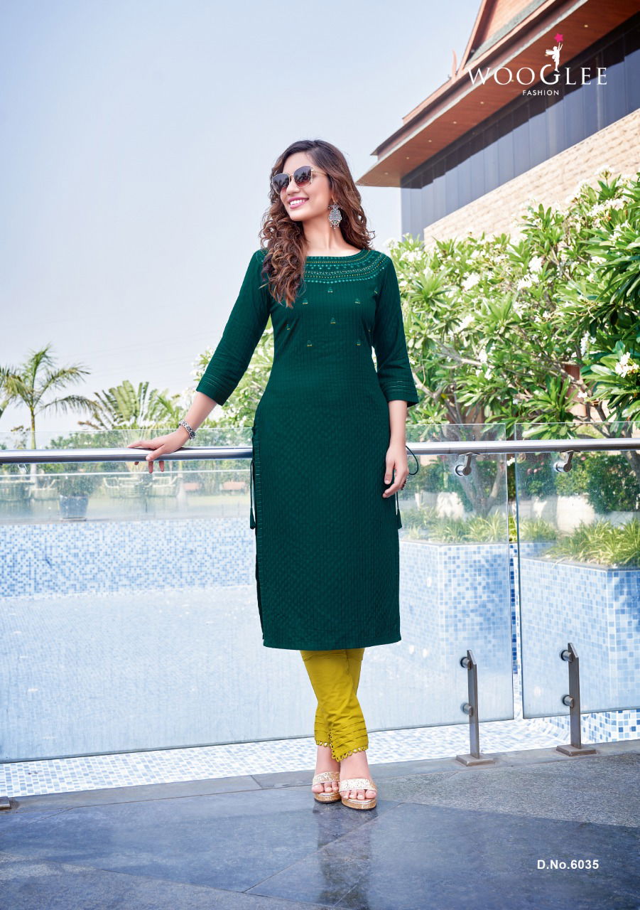 Wooglee Fashion Kesar Vol 4 Rayon Party Wear Weaving With Embroidery Hand Work Kurti With Pant Collection