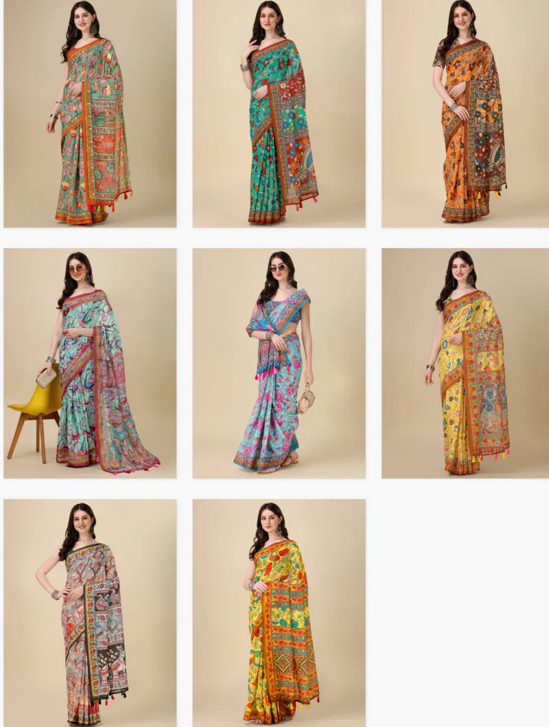 Kz Kalamkari Saree 1 Lilen Zari Patta Digital Kalamkari Printed Saree Suppliers In India