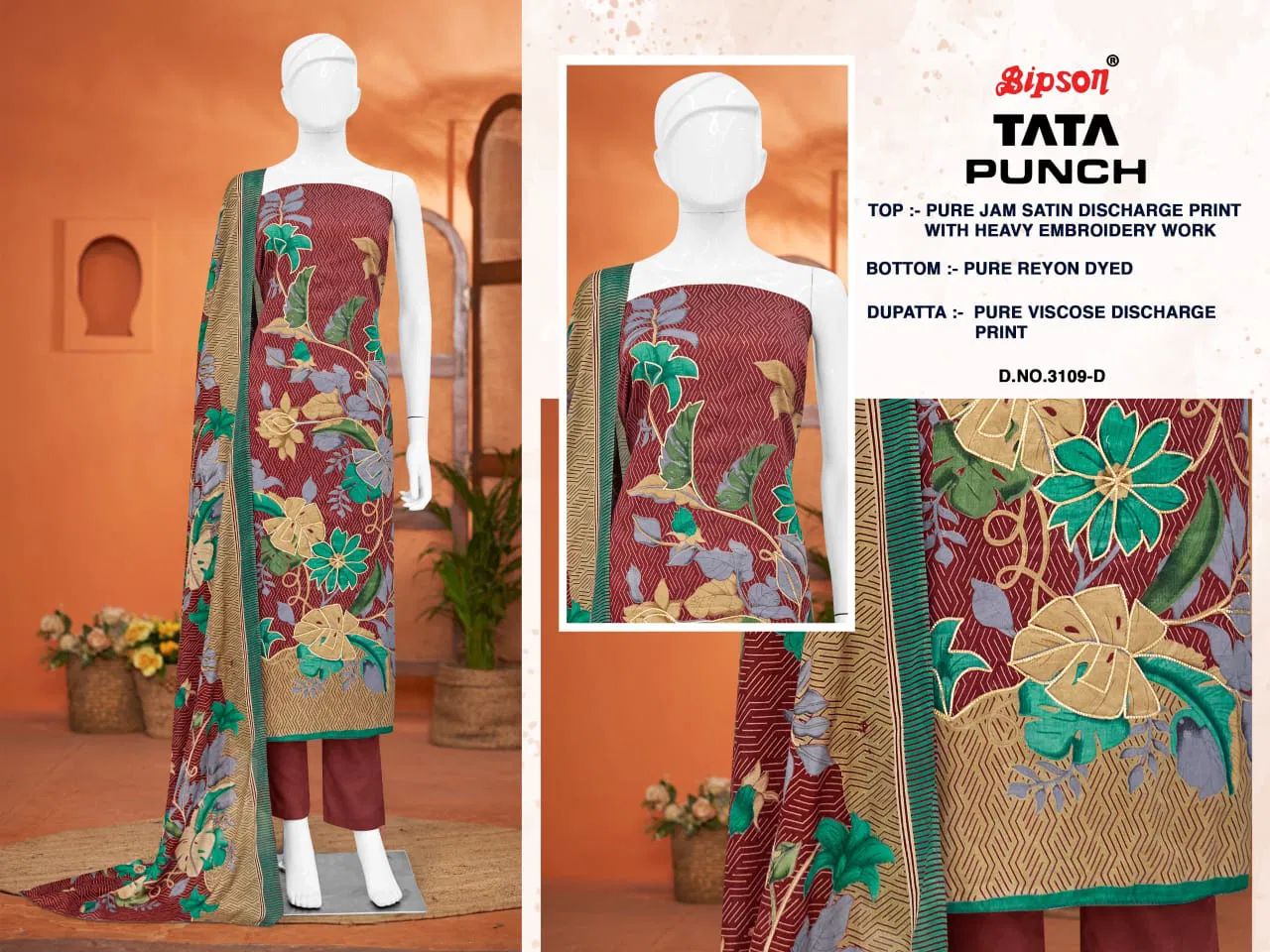 Tata Punch 3285 By Bipson Jam Satin Dress Material Wholesalers in Delhi