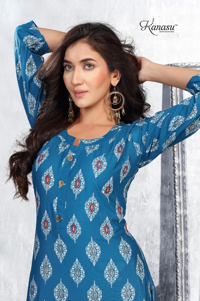 Kanasu Liril Fancy Ethnic Wear Rayon Printed Kurtis With Palzzo Collection
