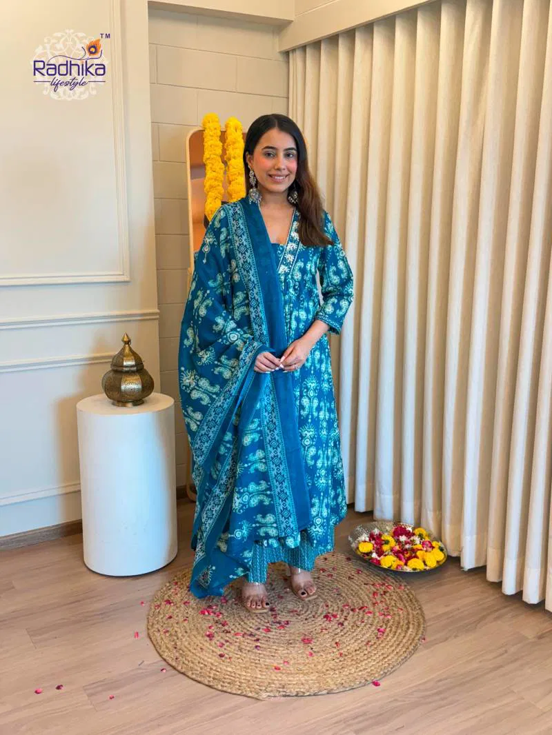 Radhika Anarkali Plazo Set Cotton Printed Kurti Pant With Dupatta Wholesale Suppliers In Mumbai