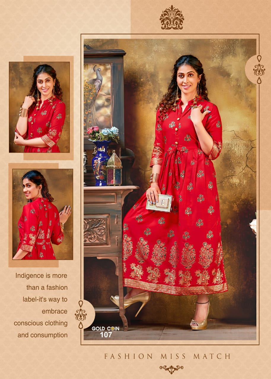 Ft Gold Coin Latest Designer Party Wear rayon Long Printed Rayon Kurtis Collection
