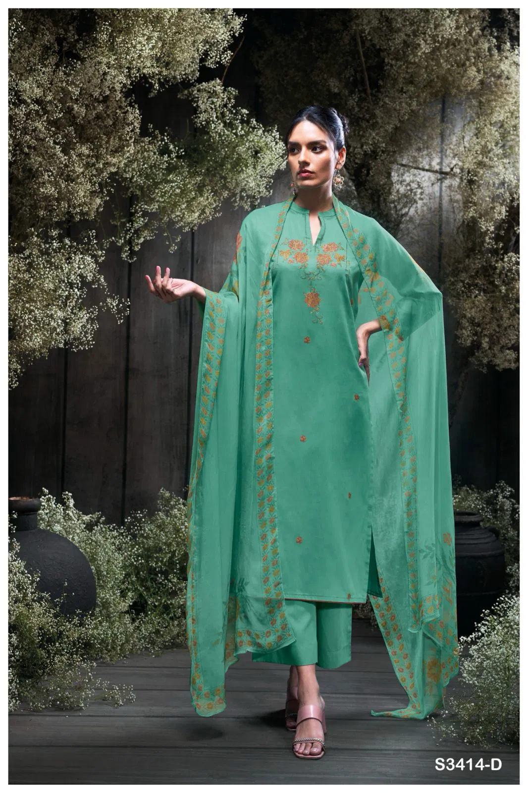 Jaeda 3414 by Ganga Cotton Silk Embroidery Salwar Suit Suppliers In India