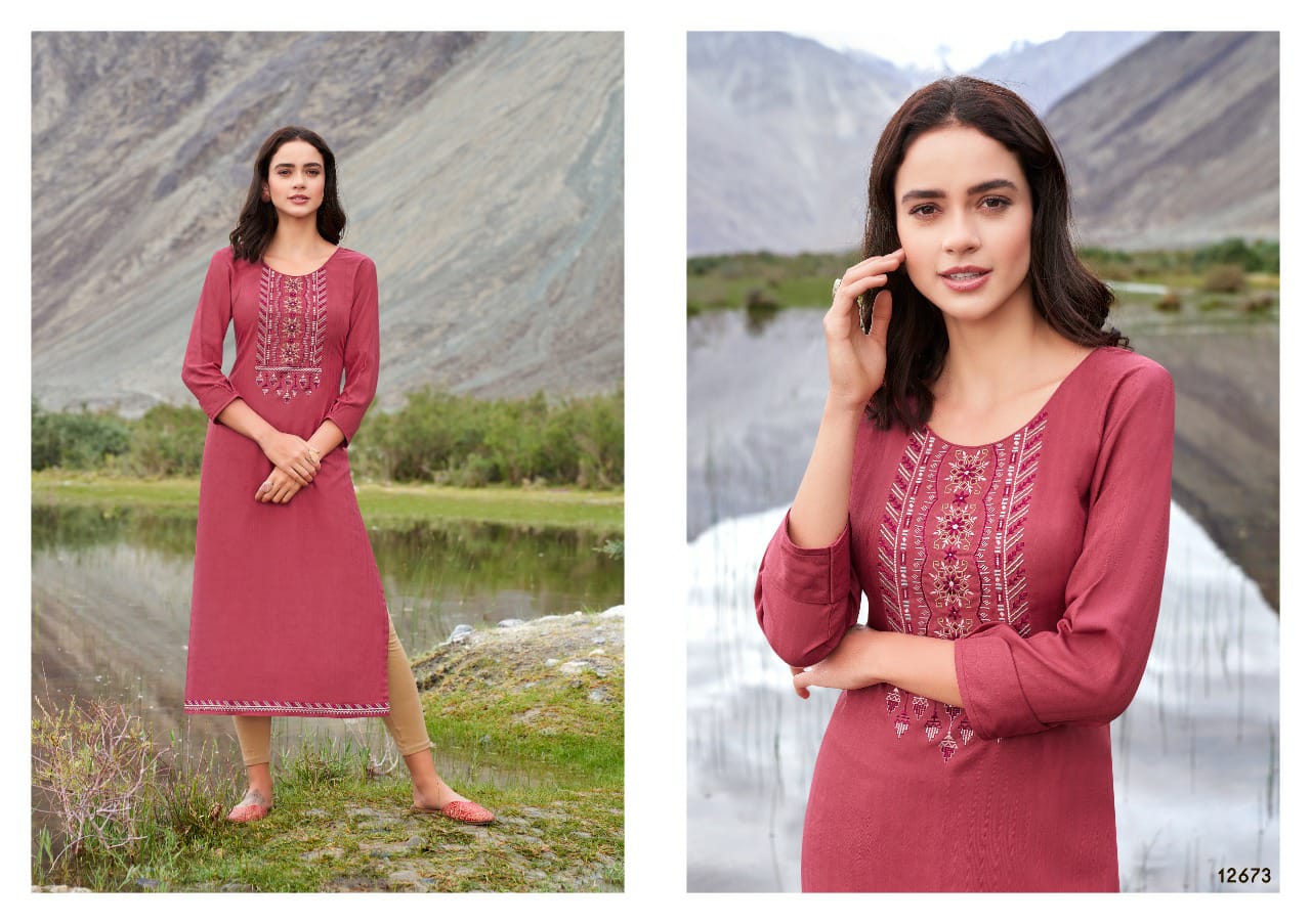 Kalaroop Beat Rayon With Embroidery Work Party Wear Designer Kurtis Collection
