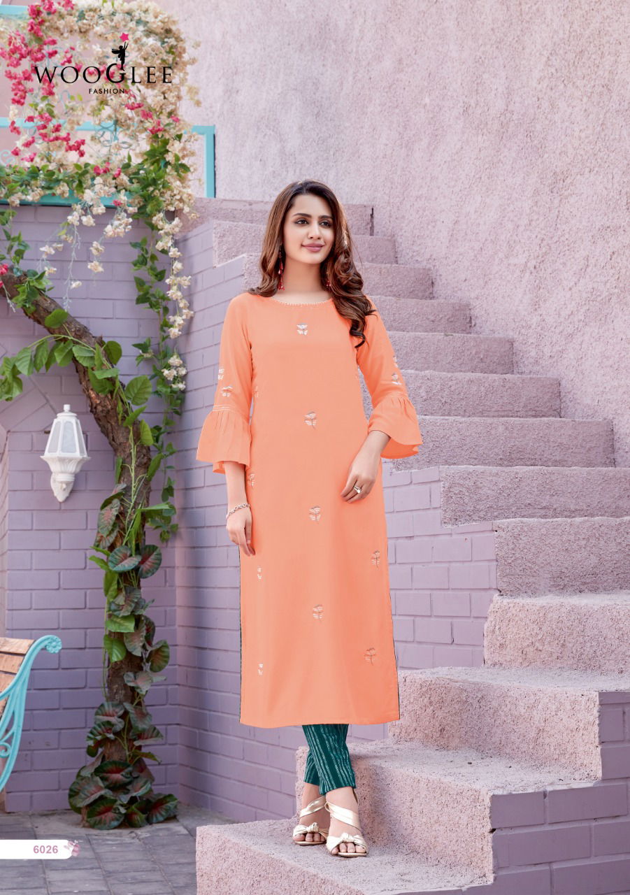 Wooglee Kesar 3 Staright Embroidery Work Party Wear Cotton Kurti With Bottom Collection
