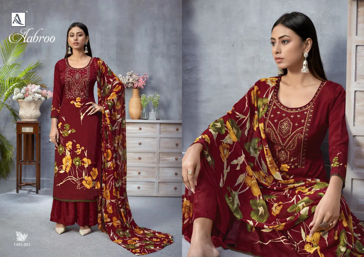Alok Aabroo Latest Casual Wear Pure French Digital Print with Fancy Thread Embroidery And Swarovski Diamond Work Dress Material Collection
