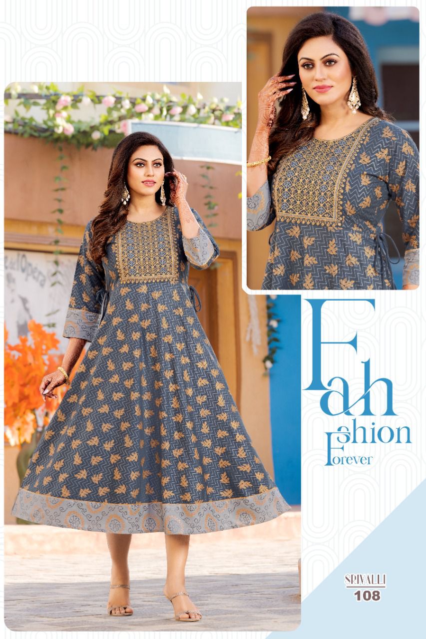 Akhand Jyot Srivalli Fancy Ethnic Wear Rayon Designer Long Kurti Collection