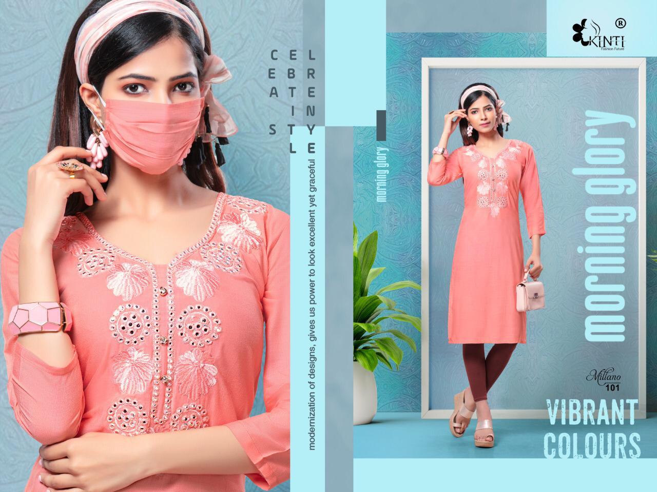 Kinti Millano Latest Designer Straight Neck Mirror Embroidery Work Style Kurtis Collection  