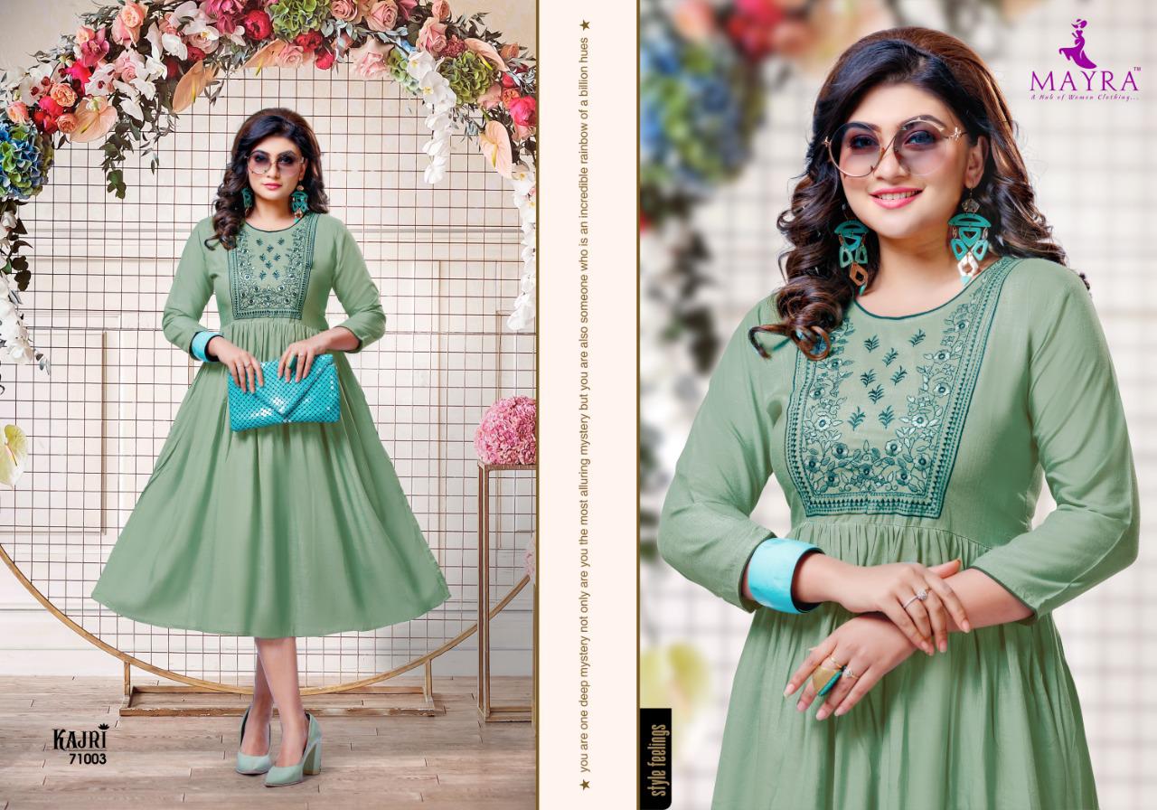 Mayra Kajri Latest Fancy Casual Wear Rayon Embroidery Work Anarkali Kurtis Collection
