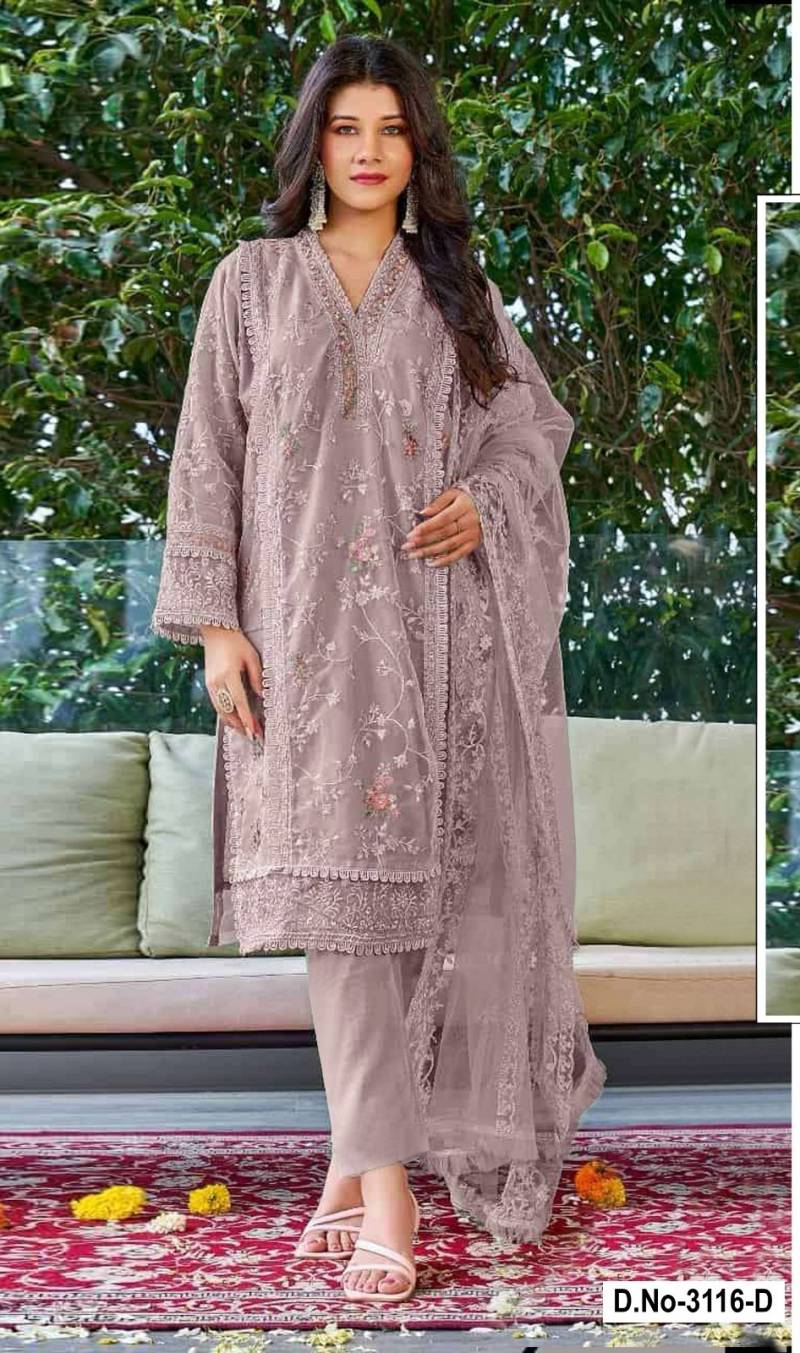 Super Hit 3116 A To D Embroidered Organza Salwar Suits Wholesale Clothing Distributors In India
