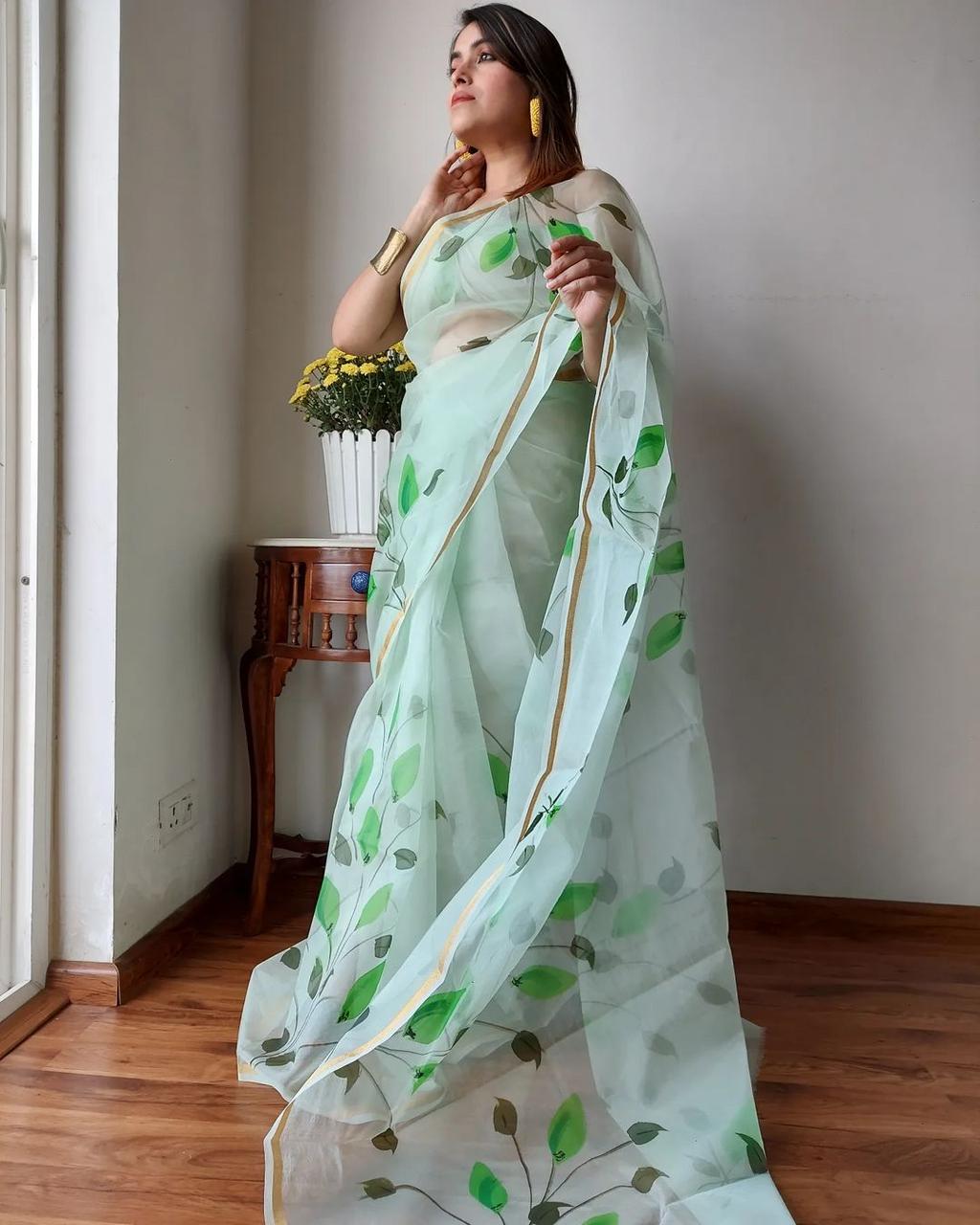 DF121 Organza Gold Patti Border Printed Designer Saree Catalog