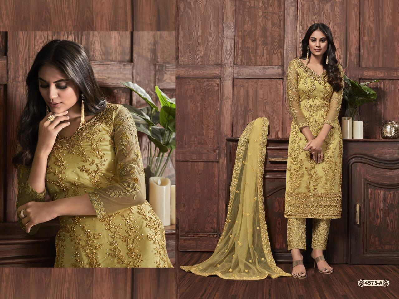 Super Hit 4573 Latest Heavy Net With Heavy Embroidery Work And Cording With Glitter Sequences Work Wedding Wear Salwar Kameez Collection