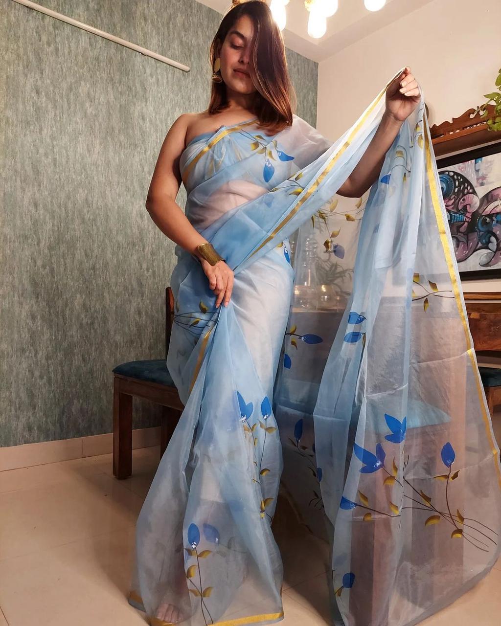 DF121 Organza Gold Patti Border Printed Designer Saree Catalog