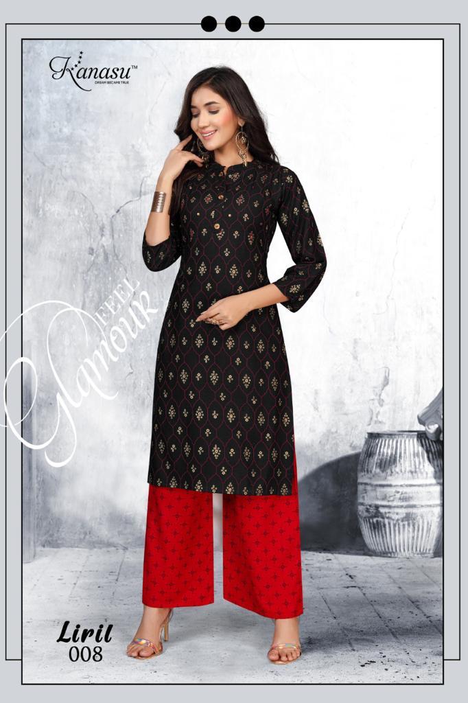 Kanasu Liril Fancy Ethnic Wear Rayon Printed Kurtis With Palzzo Collection
