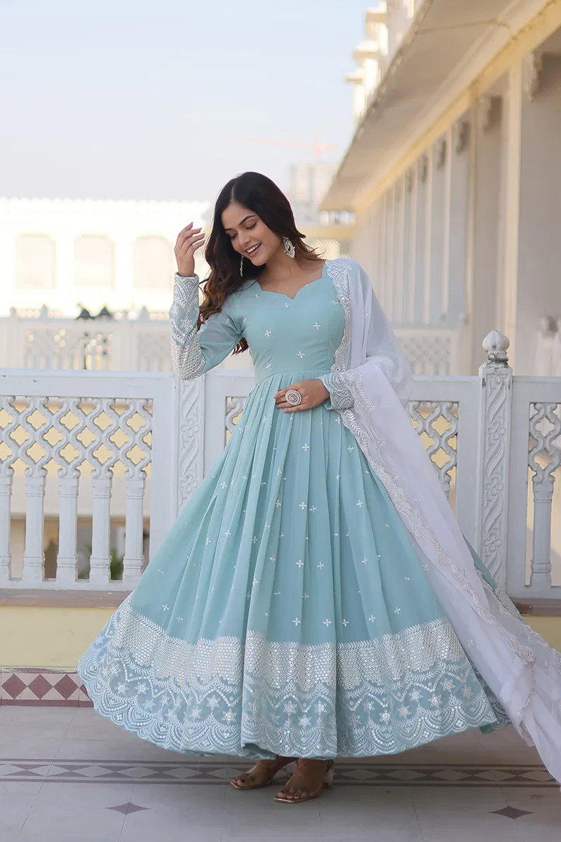 Jf 960 Designer Faux Georgette Gown With Dupatta Wholesale Clothing Suppliers In India