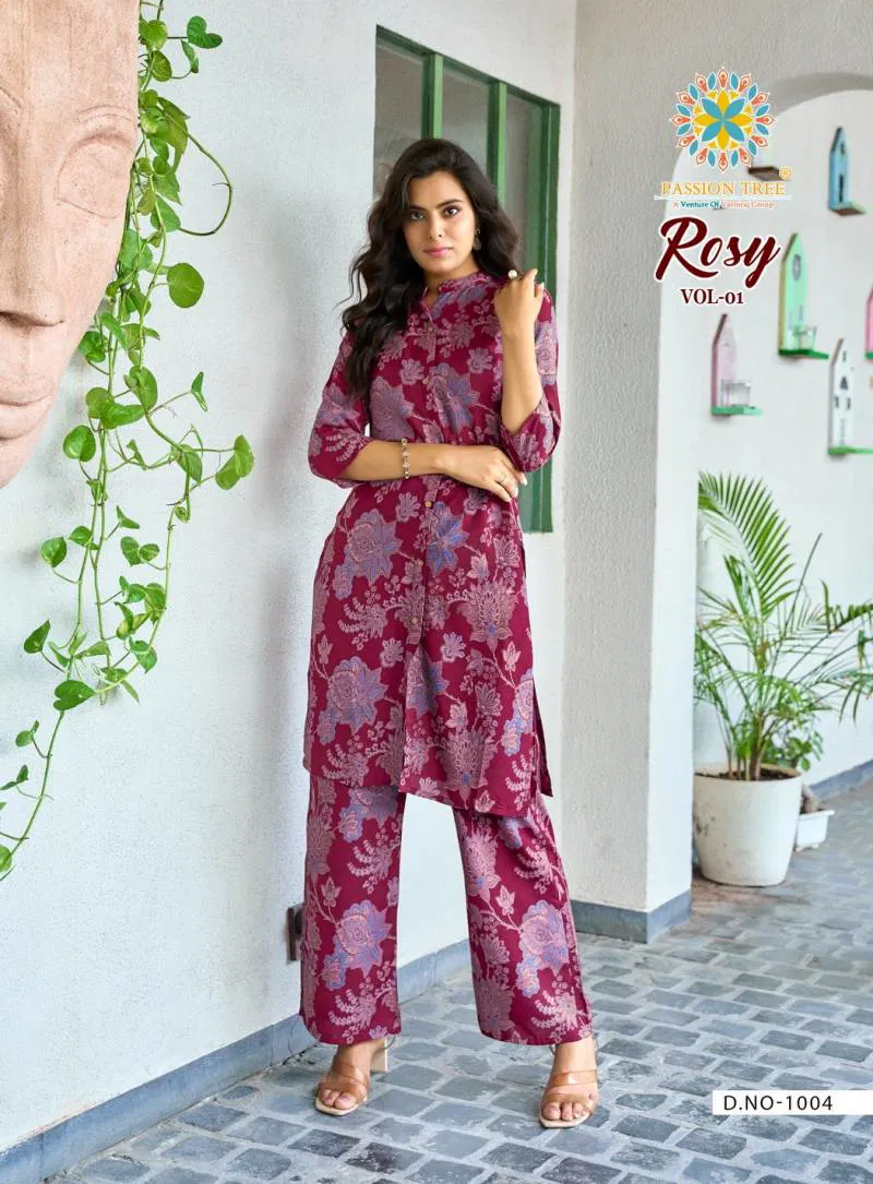 Rosy Vol 1 By Passion Tree Rayon With Discharge Printed Co Ord Set Wholesalers In Delhi