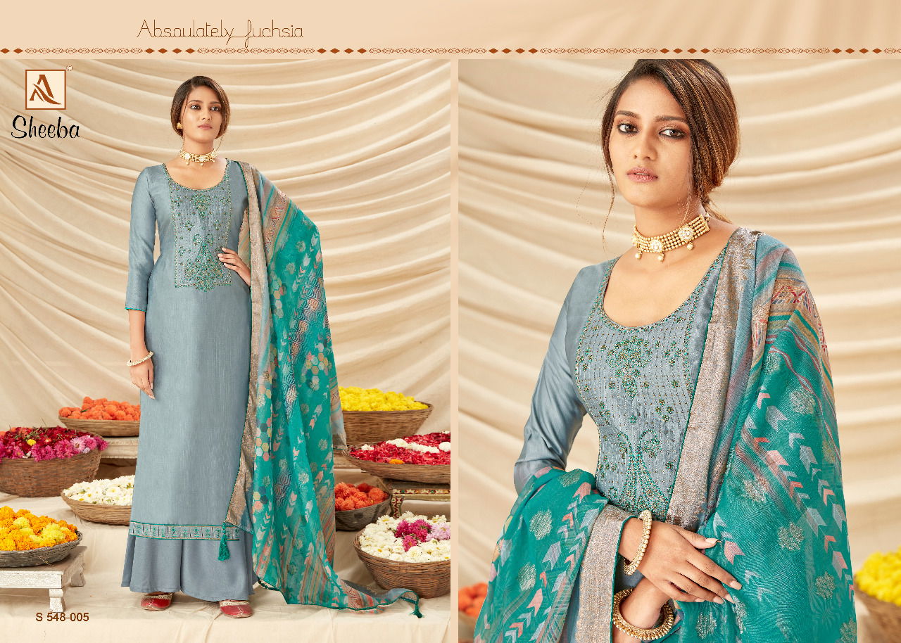 Alok Sheeba Fancy Festive WearPure Rivella Satin Fancy Embroidery with Swarovski Diamond Designer Dress Material Collection
