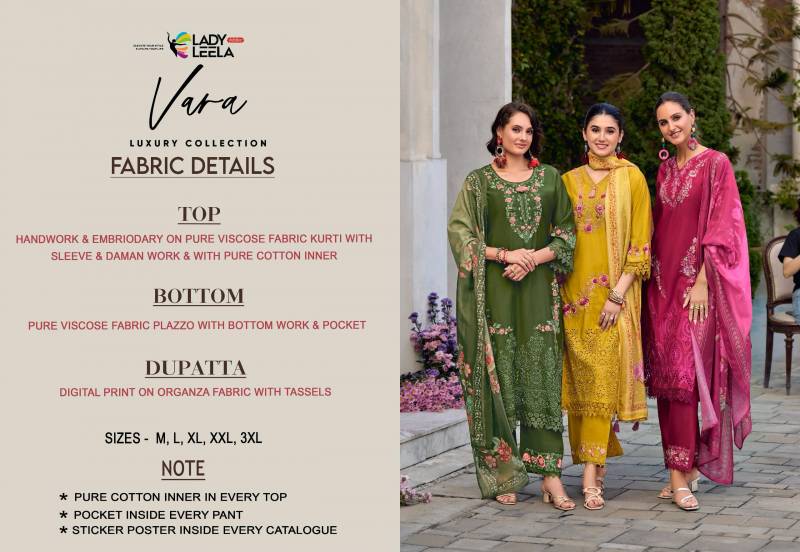 Lady Leela Vara Viscose Embroidered Kurti Pant With Dupatta Collection