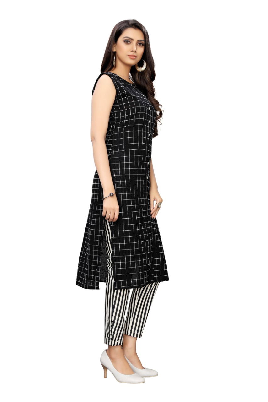 Ab Kurti 153 Fancy Casual Wear Cotton Checks Kurti With white black lining Bottom Collection