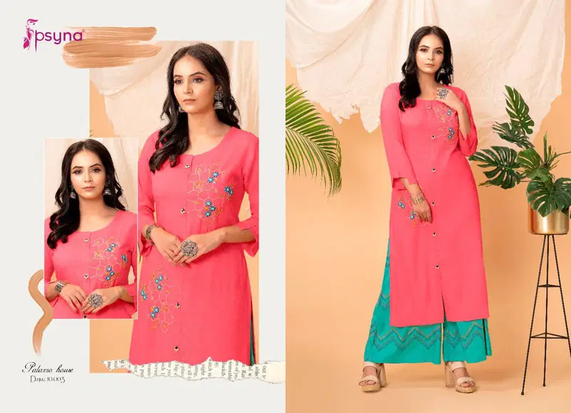 Palazzo House Vol 10 By Psyna Rayon Stylish Long Top With Plazzo Wholesale Clothing Suppliers In India