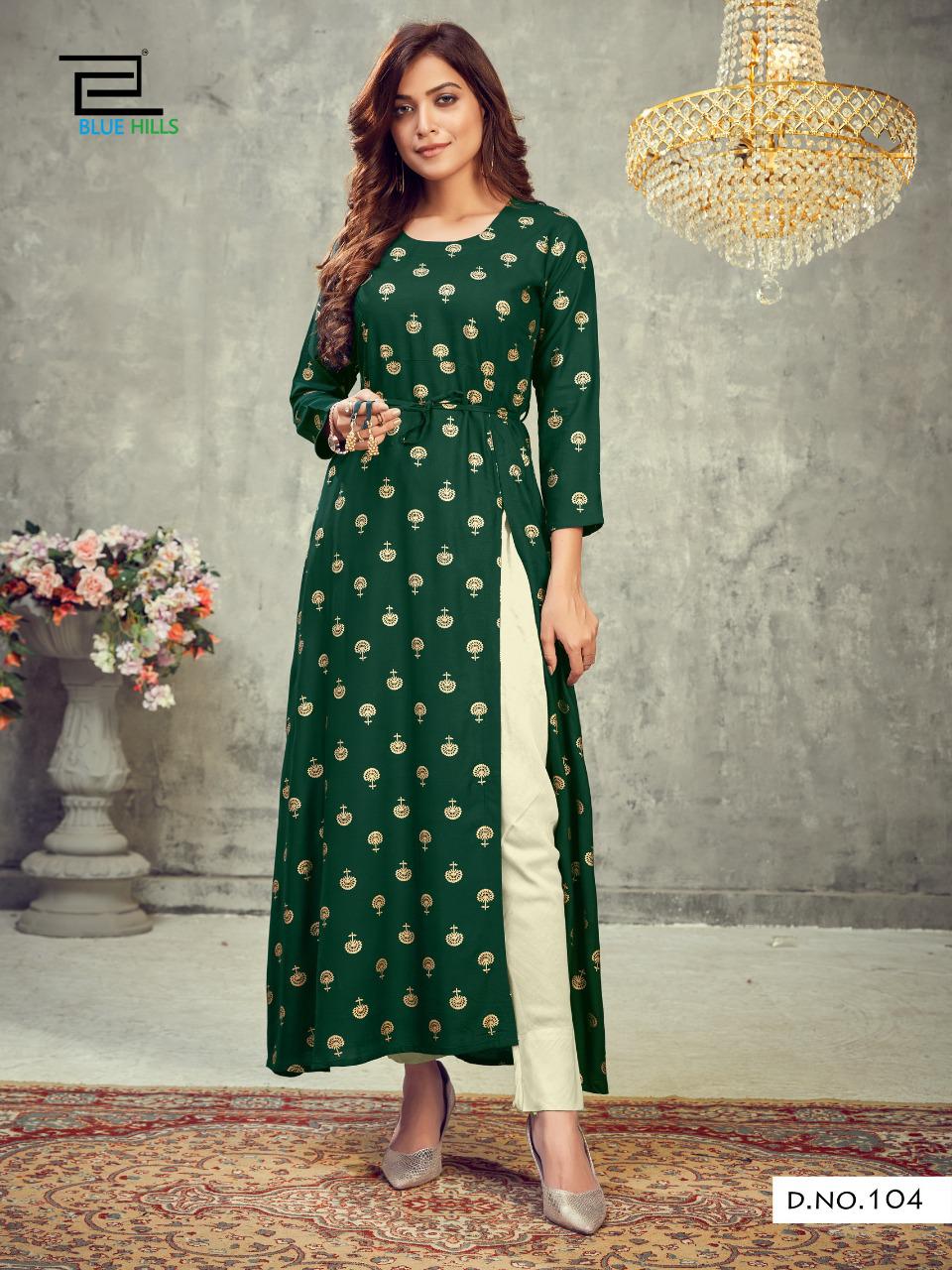 Blue Hills First Date Designers Long Printed Rayon Party Wear Kurtis Collection

