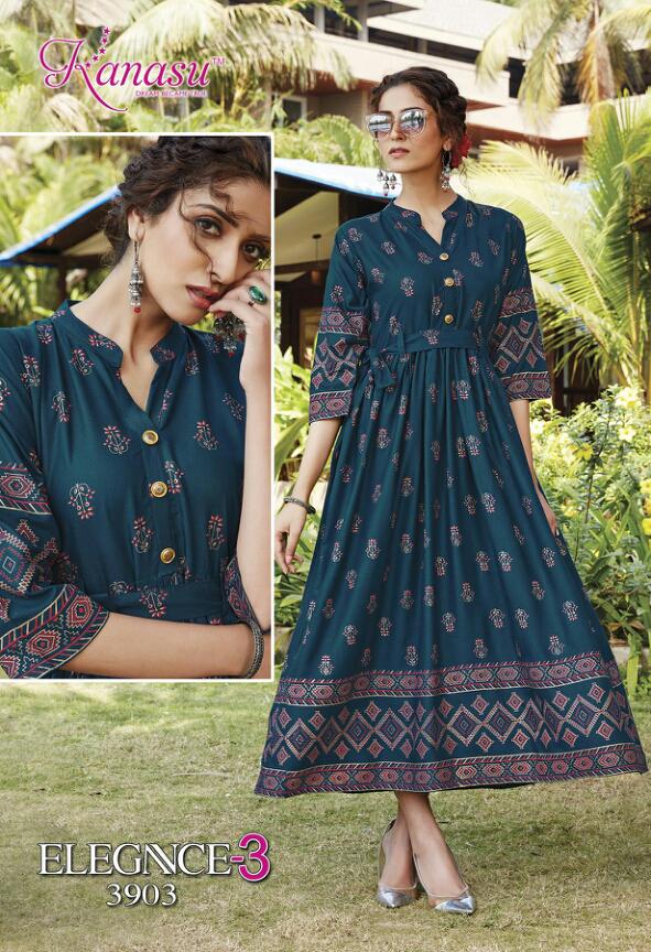 Kanasu Elegance 3 Latest Fancy Designer Heavy Casual Wear Rayon Gold Printed Stylish Kurti Collection
